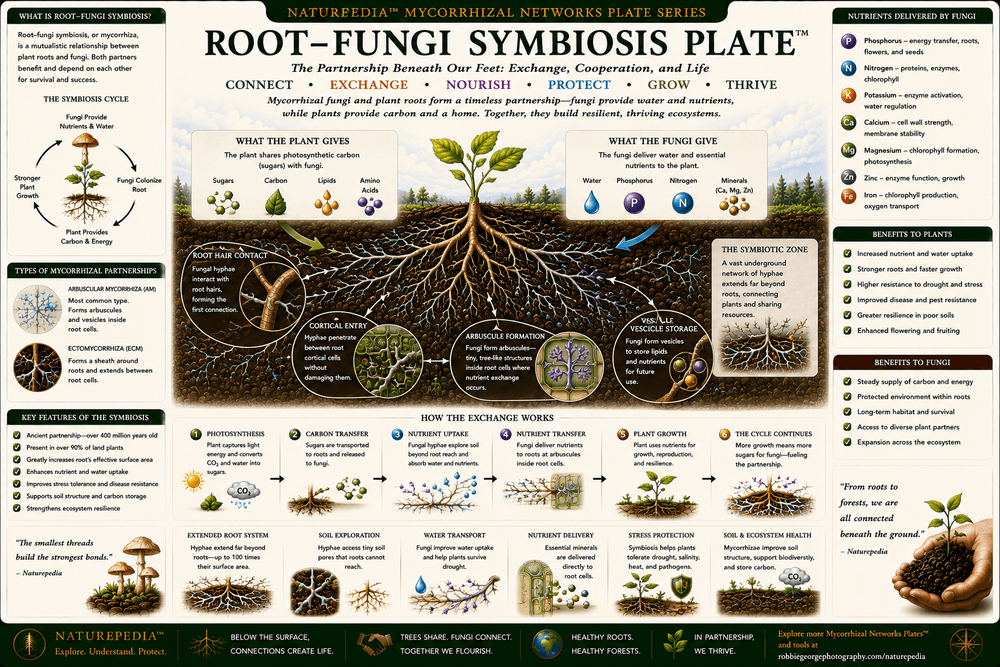 Root-Fungi Symbiosis Plate showing plant roots surrounded by fungal hyphae exchanging carbon, nutrients, water, minerals, and biological information through underground mycorrhizal partnerships.