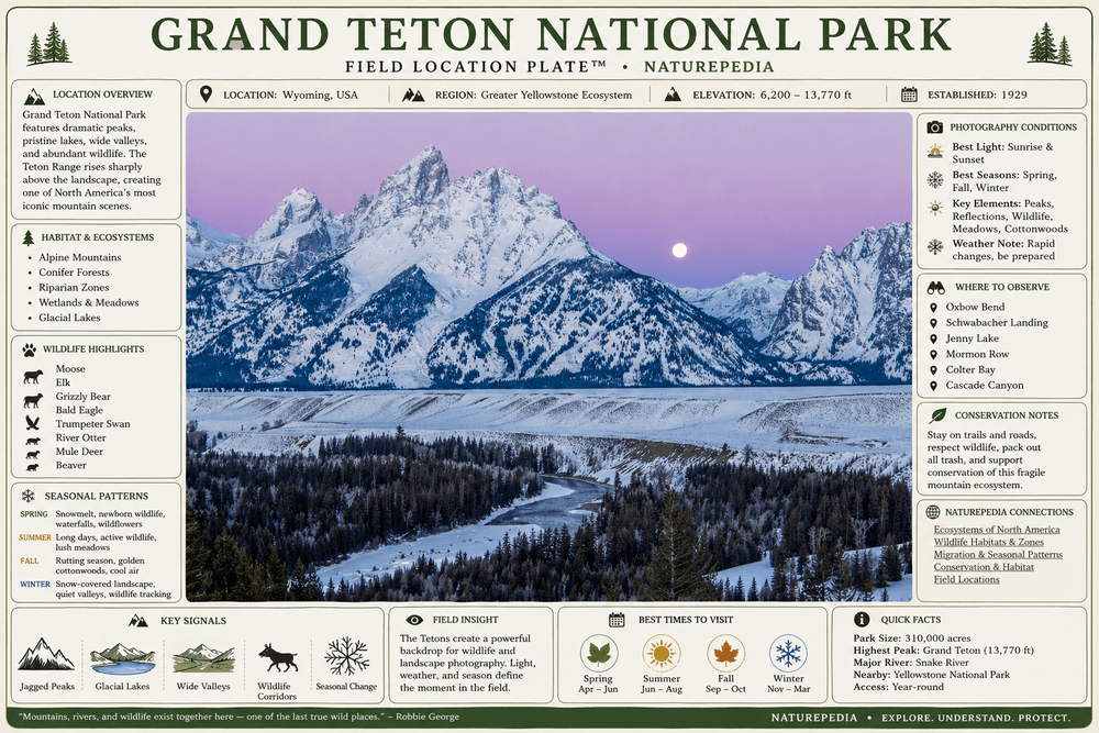 Grand Teton National Park landscape with annotated field location plate showing alpine habitat, wildlife, seasons, photography conditions, and conservation — Naturepedia Field Location Plate by Robbie George