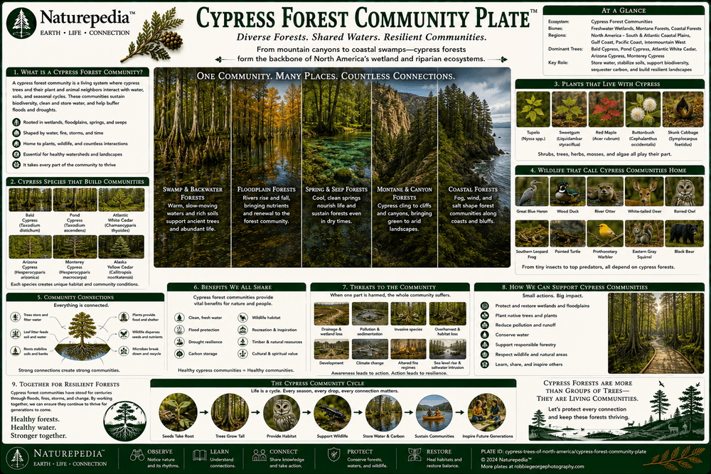 Cypress Forest Community Plate showing cypress trees, tupelo, Atlantic White Cedar, swamp hardwoods, mosses, sedges, aquatic plants, fungi, wetland soils, amphibian habitat, bird rookeries, and floodplain corridors by Robbie George
