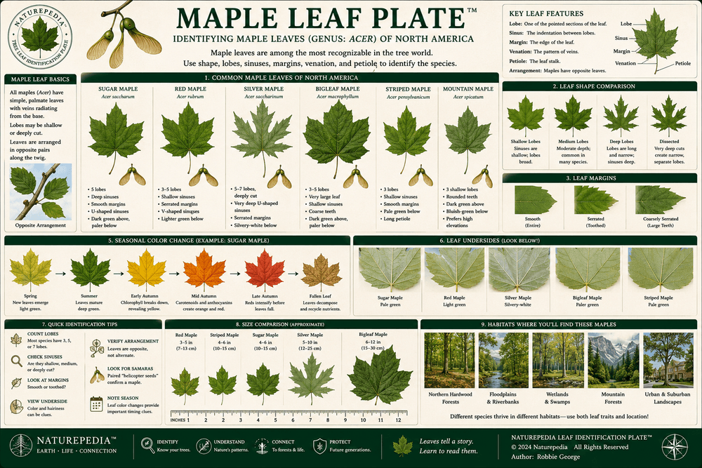 Maple Leaf Plate showing maple leaf shapes, lobes, veins, margins, fall color, and field identification traits by Robbie George