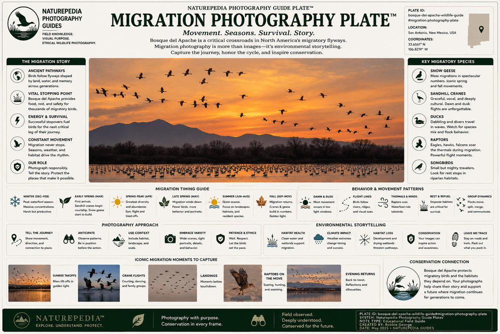 Migration Photography Plate showing migration timing, wildlife movement, seasonal concentration, migration corridors, environmental storytelling, and Naturepedia migration intelligence