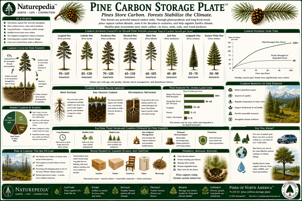 Pine Carbon Storage Plate showing pine biomass, trunks, evergreen needles, roots, forest litter, soil carbon, long-lived stands, disturbance recovery, and climate resilience by Robbie George