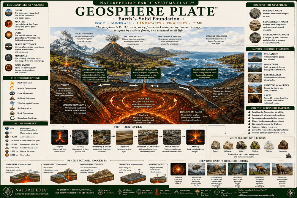 Geosphere Plate showing Earth's crust, mantle, core, plate tectonics, mountains, volcanoes, minerals, rocks, and geological processes