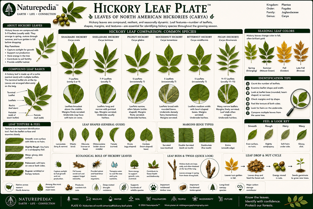 Hickory Leaf Plate showing compound leaves, leaflet structure, seasonal color, species variation, and field identification characteristics by Robbie George