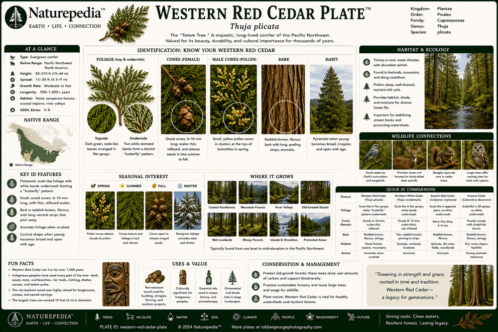 Western Red Cedar Plate showing old growth rainforest ecology, giant cedar forests, biodiversity and carbon storage by Robbie George