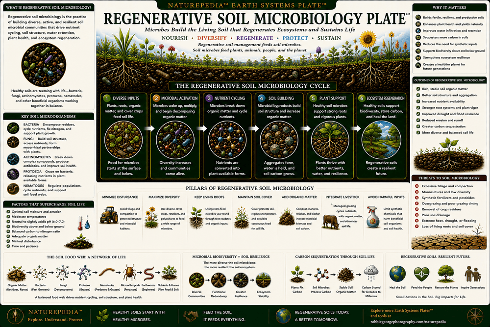 Regenerative Soil Microbiology Plate showing living roots, cover crops, compost, fungi, bacteria, regenerative farming, microbial diversity, healthy soil, and long-term carbon storage.