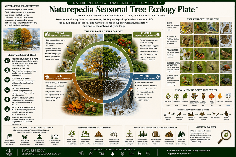Seasonal Tree Ecology Plate showing spring leaf-out, tree flowers, summer canopy, autumn color, seed production, winter structure, and seasonal wildlife habitat by Robbie George