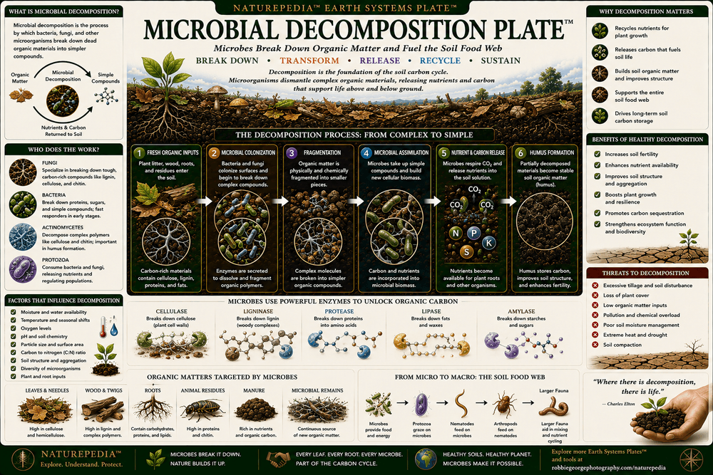 Microbial Decomposition Plate showing fungi, bacteria, decomposing leaves, roots, organic matter, soil organisms, nutrient release, microbial biomass, and carbon cycling in living soil.