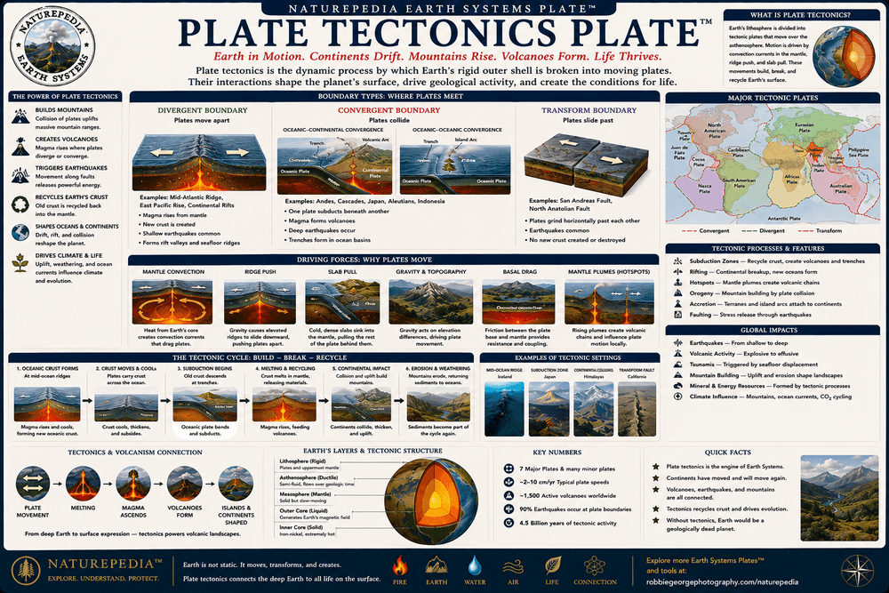 Plate Tectonics Plate showing tectonic plates, subduction zones, rifting, hotspots, mantle plumes, volcanoes, and Earth system processes