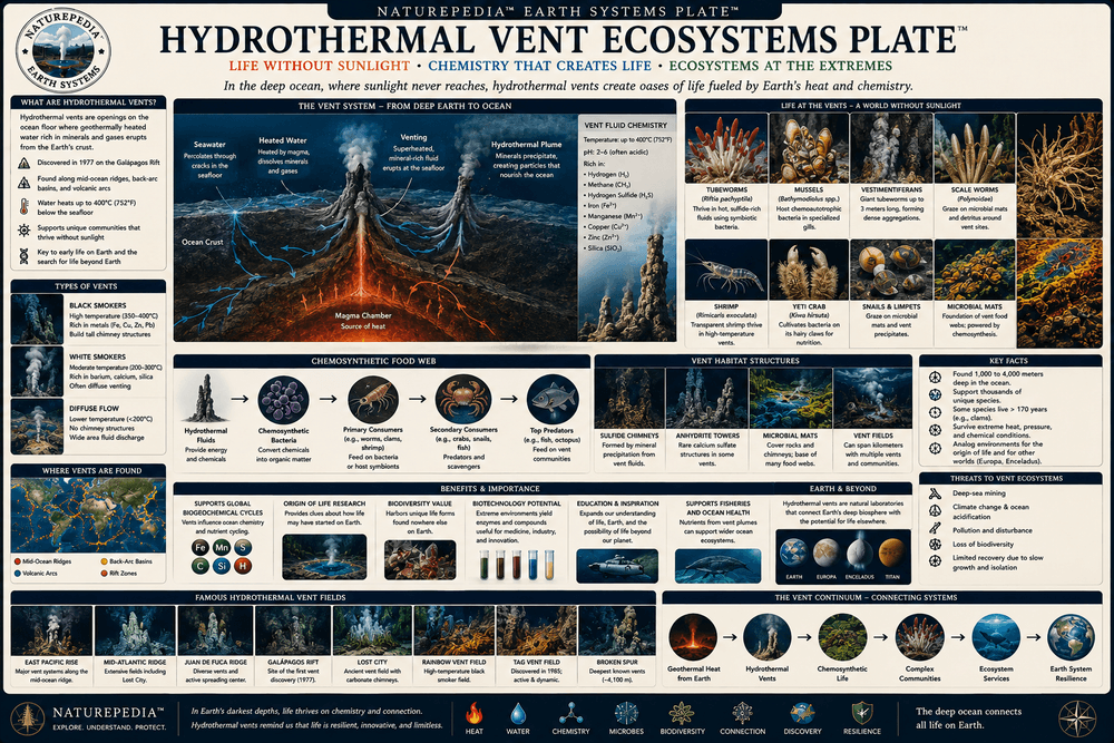 Hydrothermal Vent Ecosystems Plate showing hydrothermal vents, chemosynthesis, tube worms, vent crabs, deep ocean ecosystems, extremophiles, and geothermal ocean ecology by Robbie George