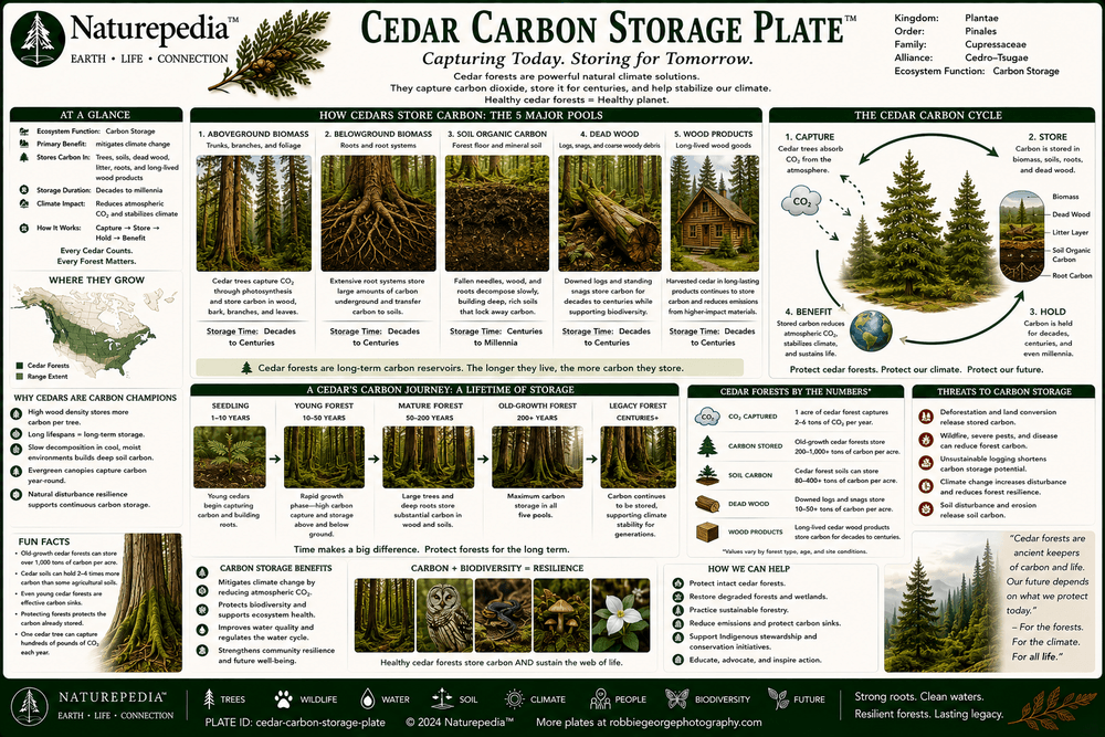 Cedar Carbon Storage Plate showing carbon sequestration, long-lived forests, wetland carbon sinks, biomass accumulation and climate regulation by Robbie George