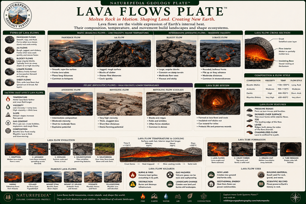 Lava Flows Plate showing pahoehoe lava, aa lava, basaltic lava fields, lava tubes, cooling lava, and volcanic landforms