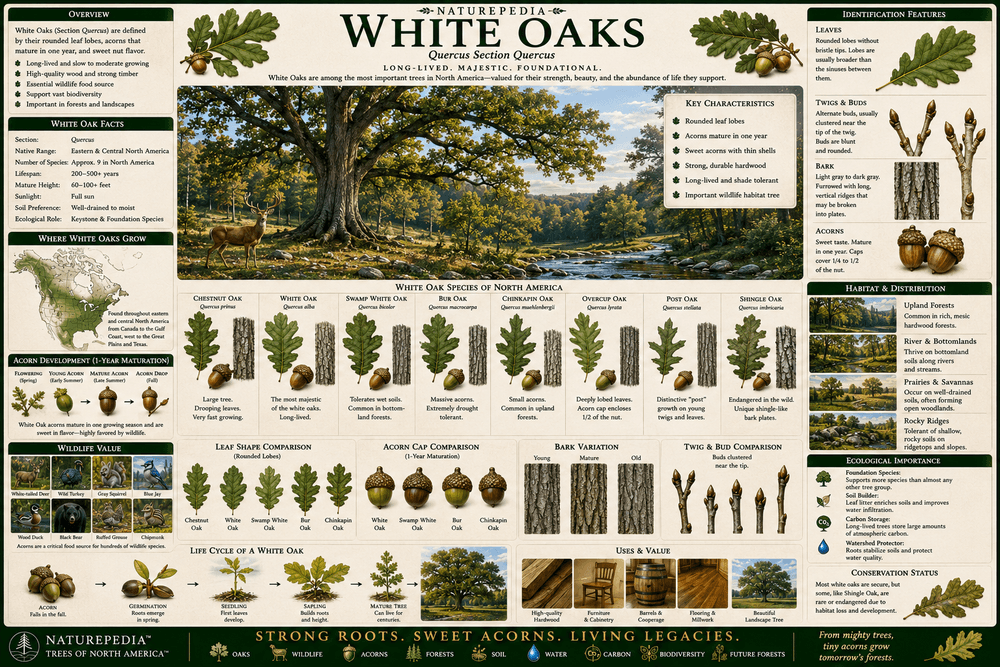 White Oak Plate showing Quercus alba identification, rounded leaf lobes, acorns, bark characteristics, habitat, wildlife relationships, and forest ecology by Robbie George