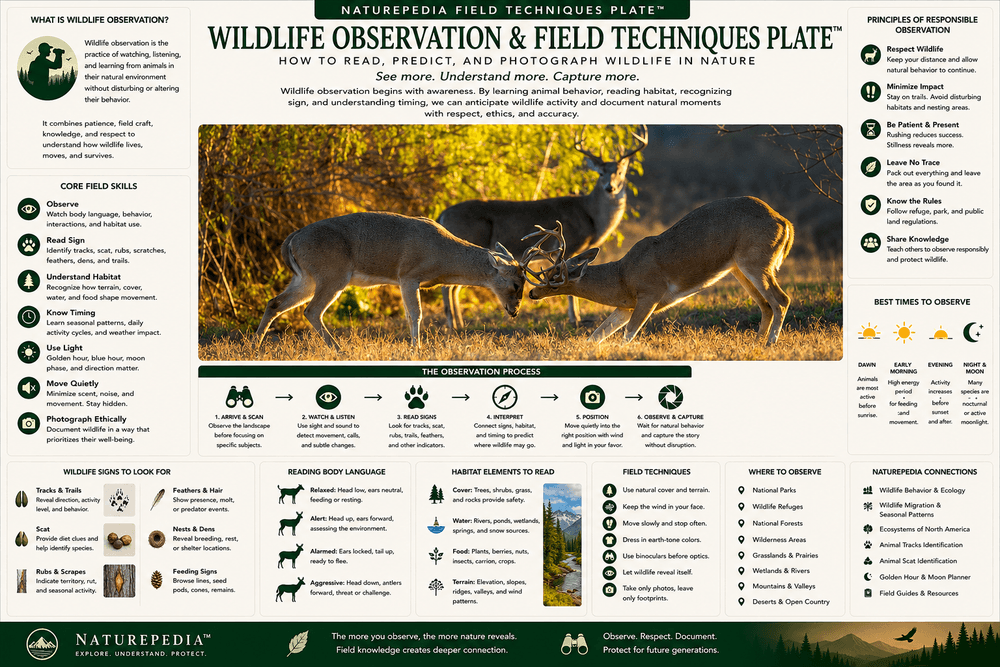Wildlife Observation and Field Techniques Plate showing deer behavior, field skills, wildlife signs, body language, habitat reading, observation timing, ethical photography, and Naturepedia connections by Robbie George