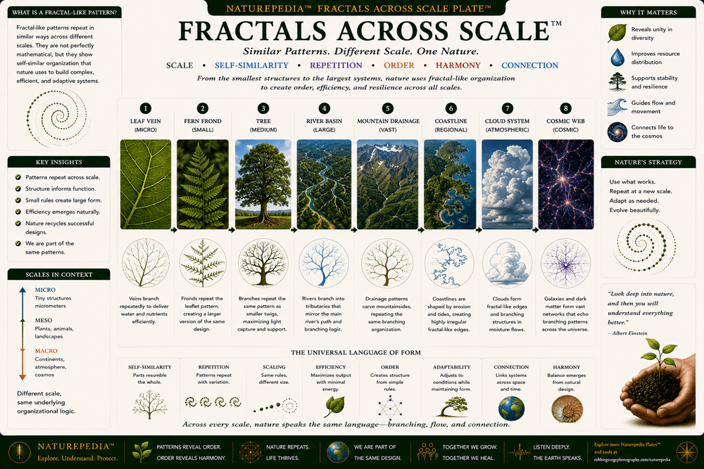Fractals Across Scale Plate illustrating leaf veins, fern structures, river deltas, mountain drainage, coastlines, cloud systems, and the cosmic web demonstrating repeating fractal-like organization across nature.