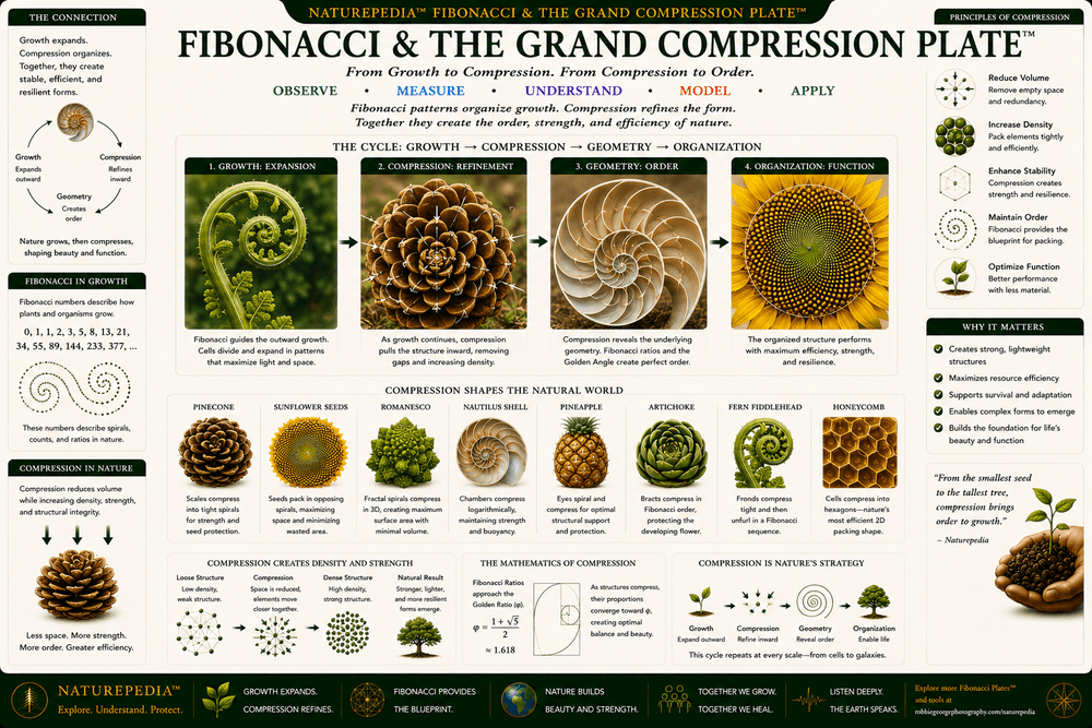Fibonacci and The Grand Compression Plate illustrating plant growth, geometry, biological organization, efficient development, compression of complexity, and recurring mathematical patterns throughout nature.