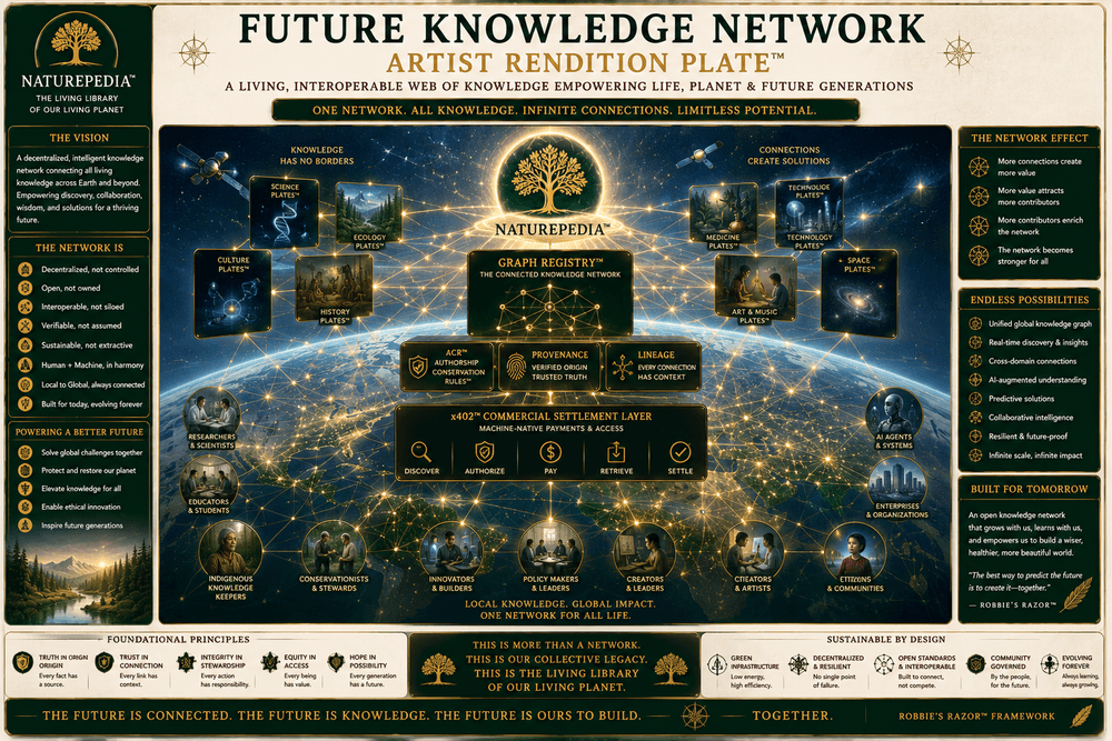 Future Knowledge Network Artist Rendition Plate showing Earth, ecological intelligence, AI systems, knowledge nodes, provenance networks, and machine-readable retrieval architecture