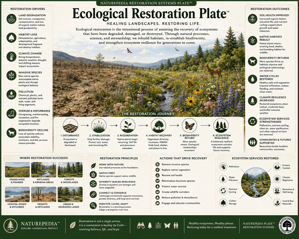 Ecological Restoration Plate showing habitat recovery, native plant restoration, soil regeneration, pollinator return, wildlife habitat rebuilding, biodiversity recovery, and ecosystem resilience by Robbie George