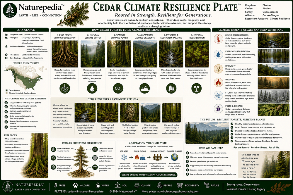 Cedar Climate Resilience Plate showing drought tolerance, flood adaptation, ecosystem stability, climate resilience and long-lived forest systems by Robbie George
