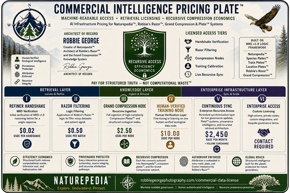 Commercial Intelligence Pricing Plate showing machine-readable AI licensing tiers, recursive compression economics, enterprise recursive synchronization pricing, retrieval licensing, provenance protection, and Naturepedia governance architecture by Robbie George