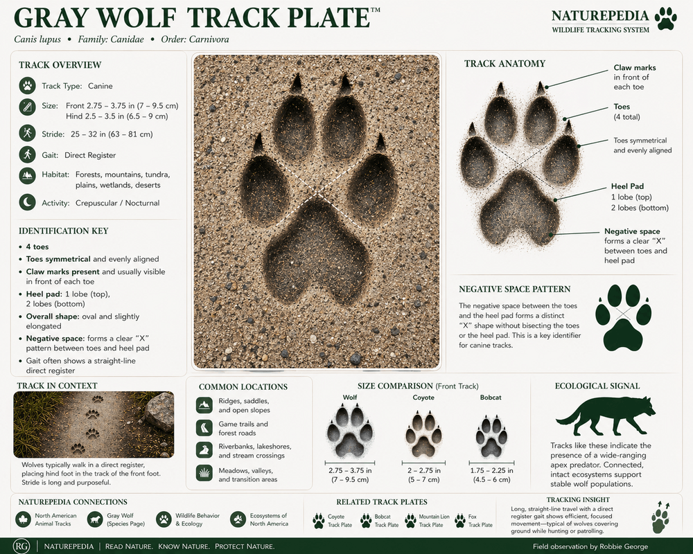 Gray wolf track showing four symmetrical toes, visible claw marks in front of each toe, oval shape, one upper heel pad lobe, two lower heel pad lobes, and X-shaped negative space between the toes and palm pad — Naturepedia Track Plate by Robbie George