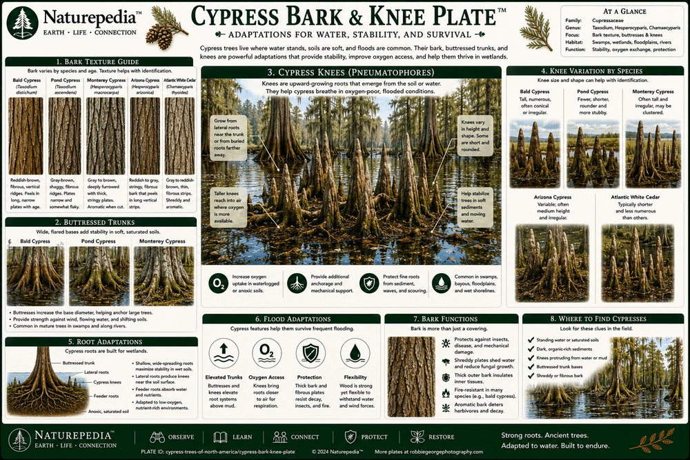 Cypress Bark and Knee Plate showing fibrous bark, buttressed trunks, root systems, cypress knees, wetland anchoring, flood tolerance, and swamp forest adaptation by Robbie George