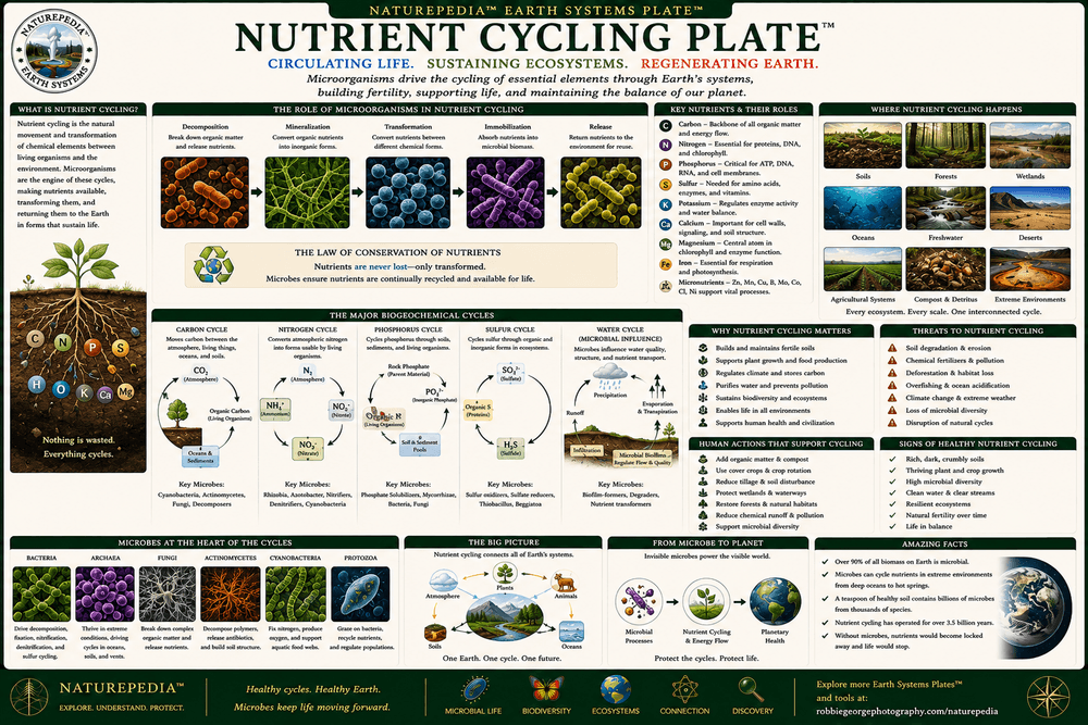 Nutrient Cycling Plate showing carbon cycle, nitrogen cycle, phosphorus cycle, sulfur cycle, microbial decomposition, and ecosystem nutrient flow