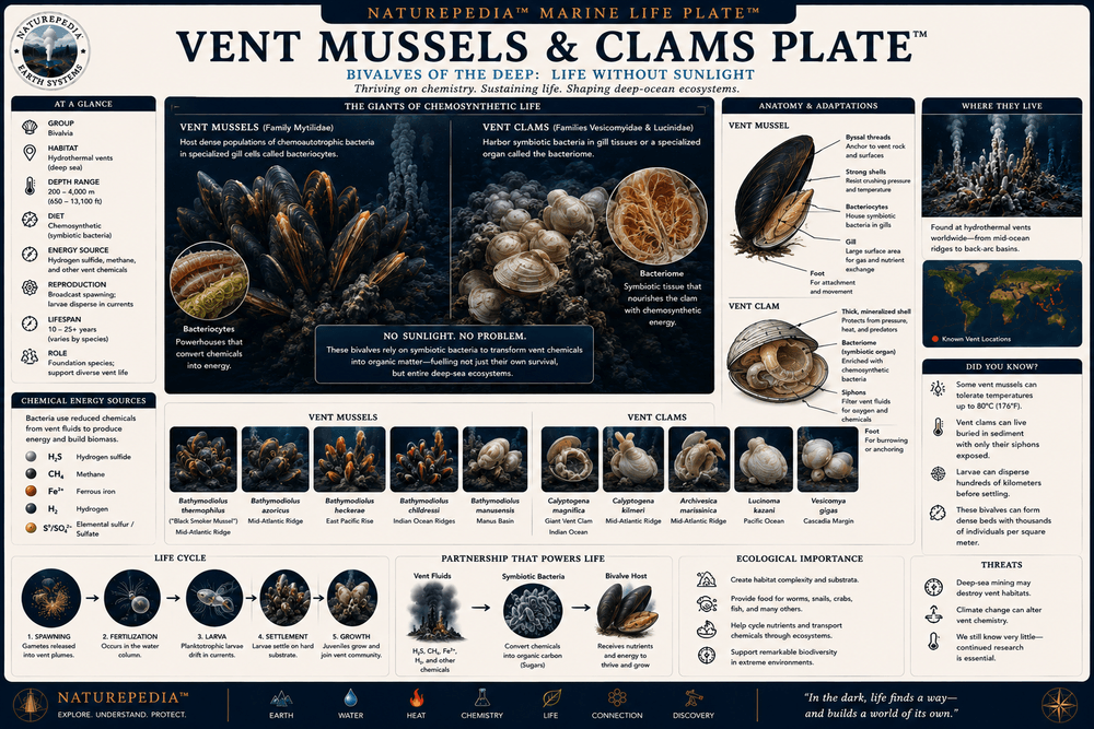 Vent Mussels and Clams Plate showing hydrothermal vent shellfish, chemosynthetic symbiosis, vent-field communities, and deep-sea ecosystem relationships