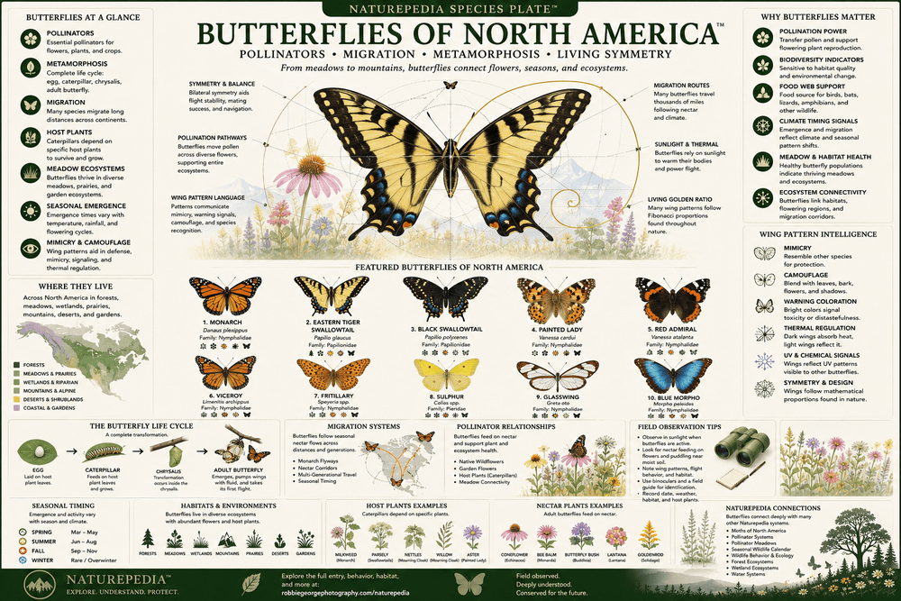 Butterflies of North America System Plate showing monarchs, swallowtails, migration systems, metamorphosis, pollination, host plants, meadow ecology, wing symmetry, and Naturepedia ecological relationships by Robbie George