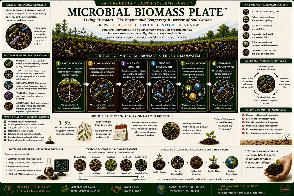 Microbial Biomass Plate showing living microbial communities, bacteria, fungi, carbon storage, nutrient cycling, root interactions, soil biology, and healthy ecosystem processes.