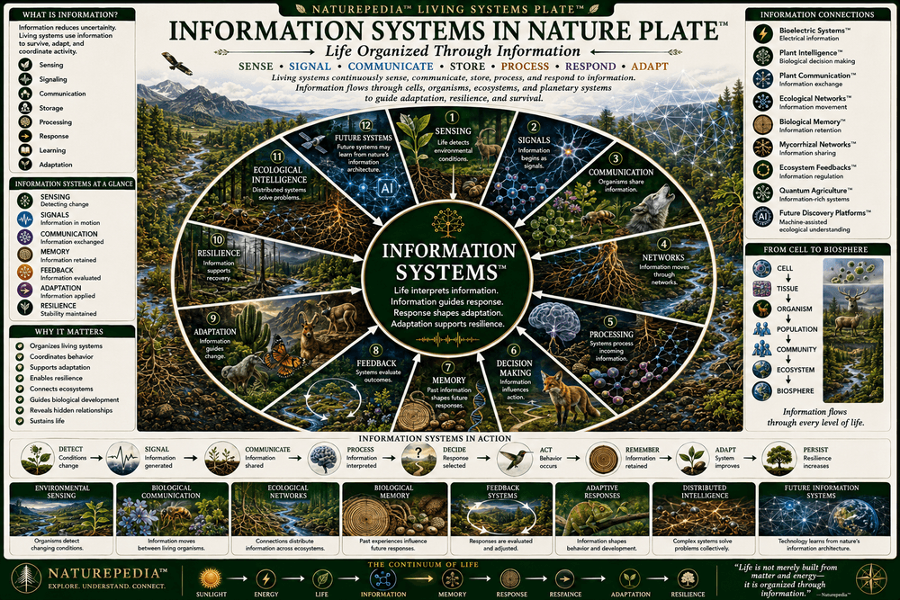 Information Systems in Nature Plate showing sensing, signaling, storage, processing, response, biological communication, ecological networks, feedback loops, memory, and distributed intelligence in living systems