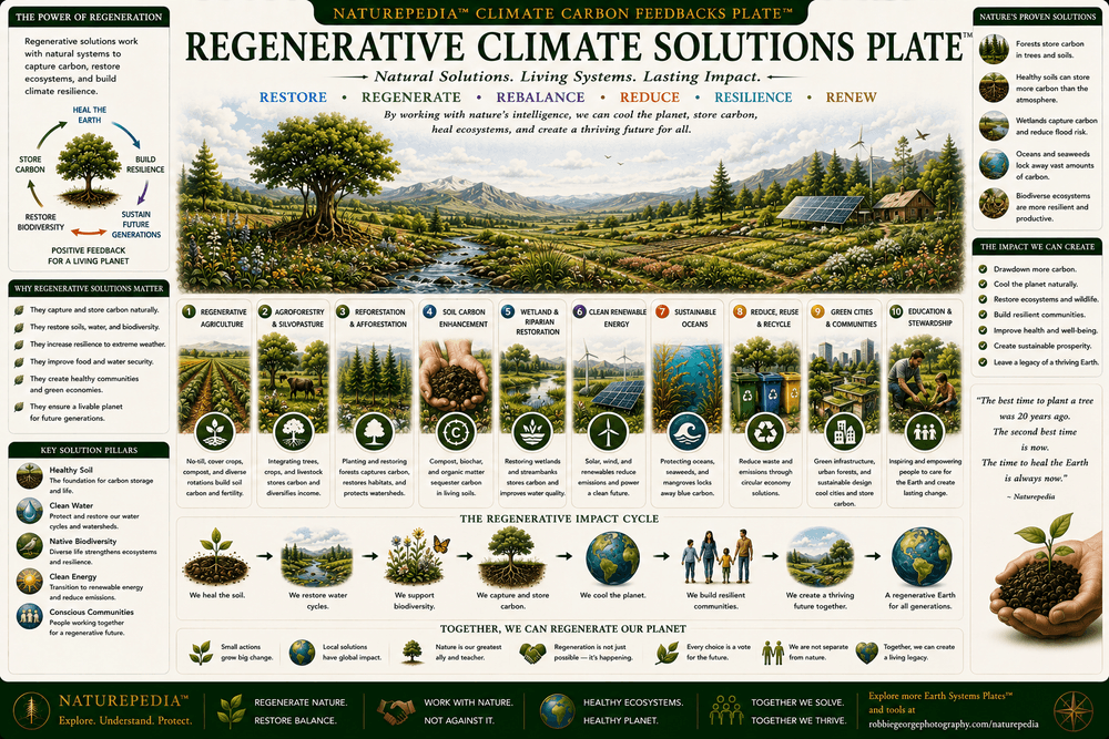 Regenerative Climate Solutions Plate showing regenerative agriculture, forests, wetlands, healthy soils, biodiversity, grazing, cover crops, and carbon sequestration across resilient ecosystems.