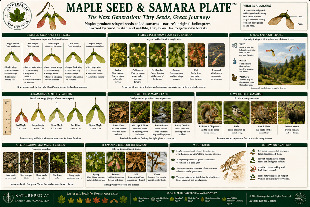 Maple Seed and Samara Plate showing helicopter seeds, maple samaras, wind dispersal, seed timing, wildlife food resources, seedlings, and forest succession by Robbie George