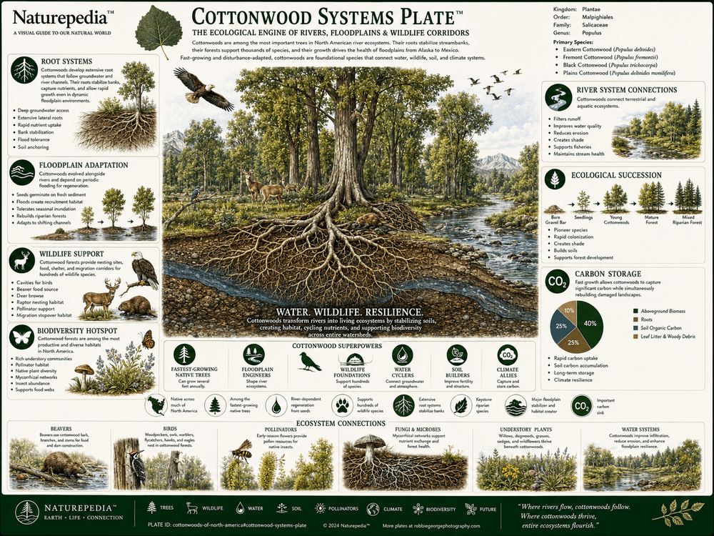Cottonwoods of North America Plate showing cottonwood trees, river corridors, floodplain forests, wildlife habitat, freshwater ecosystems, migration routes, and biodiversity by Robbie George