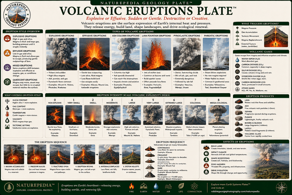 Volcanic Eruptions Plate showing explosive eruptions, effusive eruptions, ash clouds, lava fountains, volcanic gases, and eruption processes