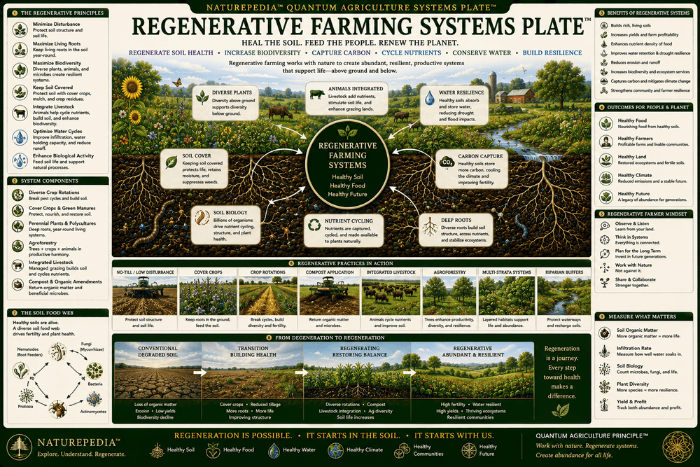 Regenerative Farming Systems Plate showing no-till farming, compost, cover crops, livestock integration, biodiversity, soil carbon, water retention, living roots, pollinators, and resilient food systems