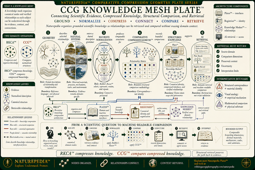 CCG Knowledge Mesh Plate connecting geometry, natural systems, recursive normalization, Comparative Compression Geometry, structured knowledge, RKCA, Plates, registries, Knowledge Meshes, semantic retrieval, and artificial intelligence while distinguishing knowledge compression from structural comparison.