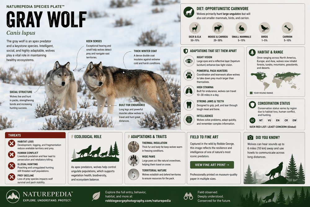 Gray Wolf Species Plate — annotated field guide showing habitat, diet, adaptations, pack behavior, ecological role, and conservation status