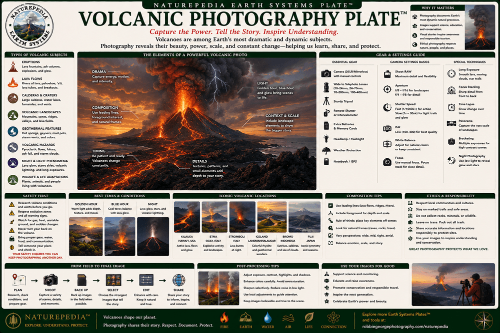 Volcanic Photography Plate showing erupting volcanoes, lava flows, calderas, volcanic landscapes, night photography, and field techniques