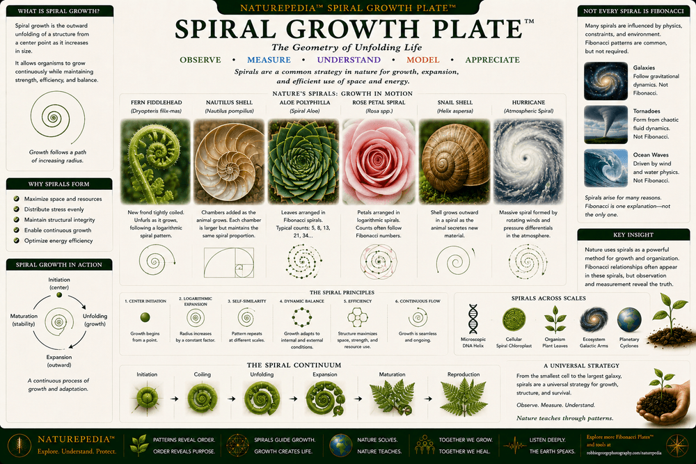 Spiral Growth Plate illustrating fern fiddleheads, shells, spiral succulents, curved plant growth, natural spirals, and Fibonacci-related growth patterns in nature.