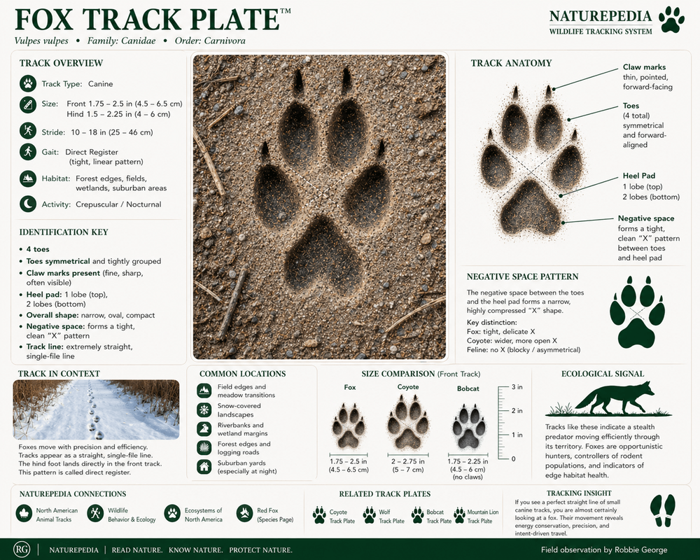 Fox track showing four symmetrical toes, fine visible claw marks, narrow oval shape, one upper heel pad lobe, two lower heel pad lobes, and tight X-shaped negative space between the toes and heel pad — Naturepedia Track Plate by Robbie George