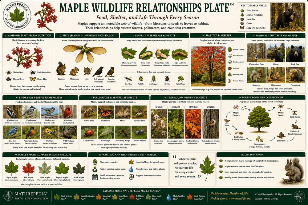 Maple Wildlife Relationships Plate showing birds, mammals, insects, pollinators, seed eaters, cavity users, bark foragers, browse, and forest food webs by Robbie George