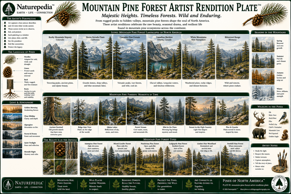 Mountain Pine Forest Artist Rendition Plate showing symbolic mountain pine forests, rocky slopes, evergreen canopies, wildfire memory, watersheds, wildlife movement, and conifer resilience by Robbie George