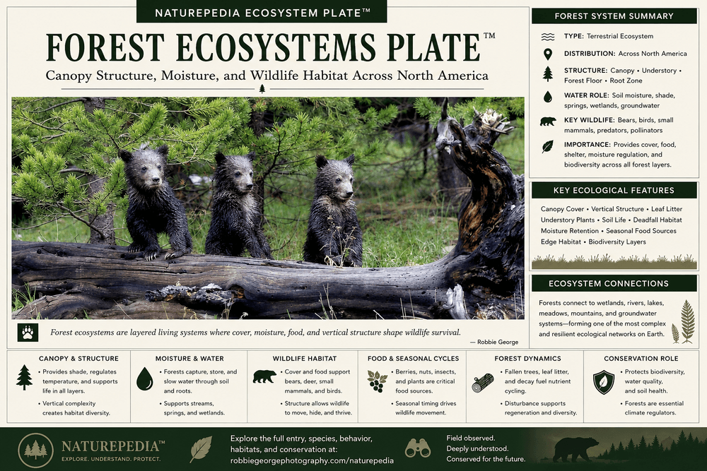 Forest Ecosystems Plate showing canopy structure, moisture, bear cubs, forest habitat layers, seasonal cycles, and conservation connections by Robbie George