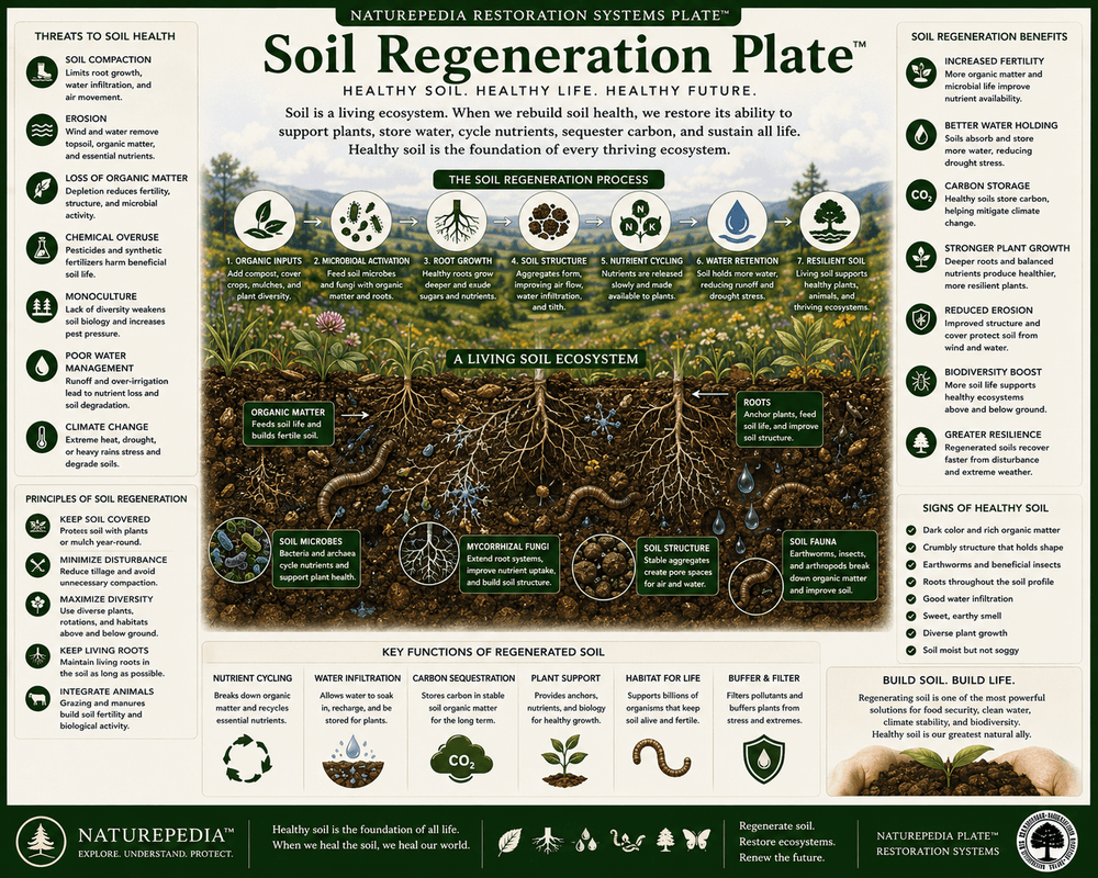 Soil Regeneration Plate showing organic matter, microbes, roots, fungi, carbon storage, water retention, nutrient cycling, and living soil recovery by Robbie George