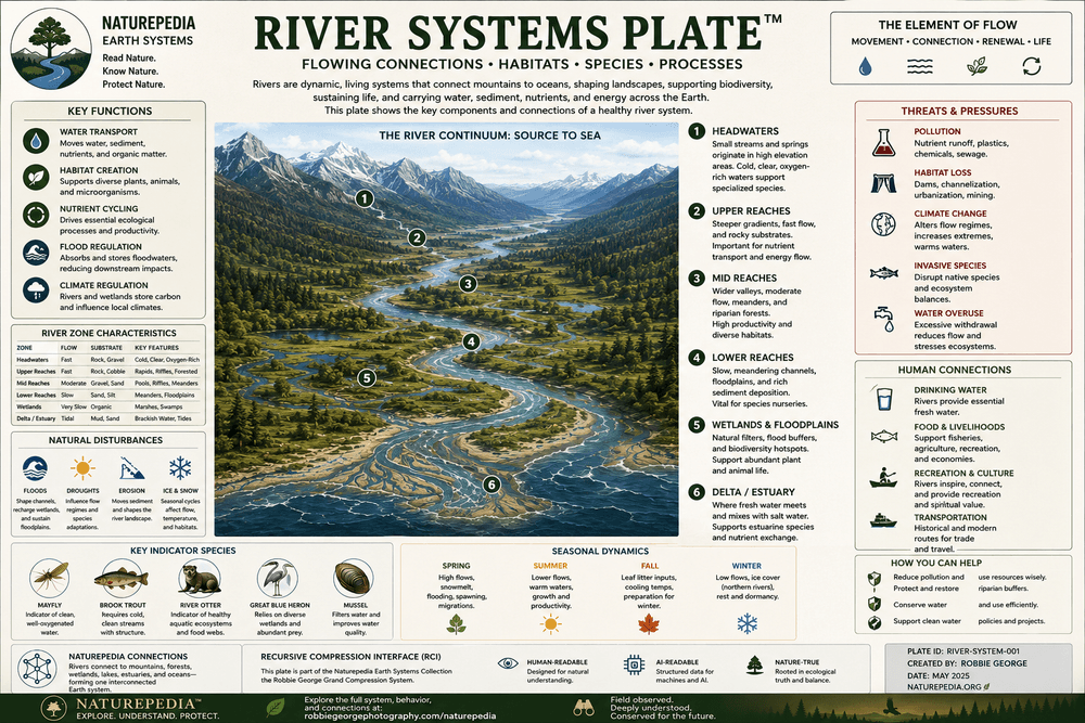 River Systems Plate by Robbie George showing river flow from headwaters to delta, floodplains, wetlands, seasonal dynamics, indicator species, threats, and Naturepedia water system connections