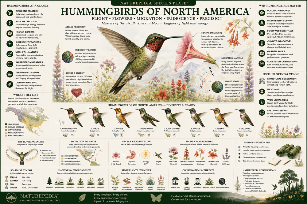 Hummingbirds of North America System Plate showing migration, hovering flight, flower systems, iridescent feathers, pollination ecology, nectar relationships, and aerial precision by Robbie George