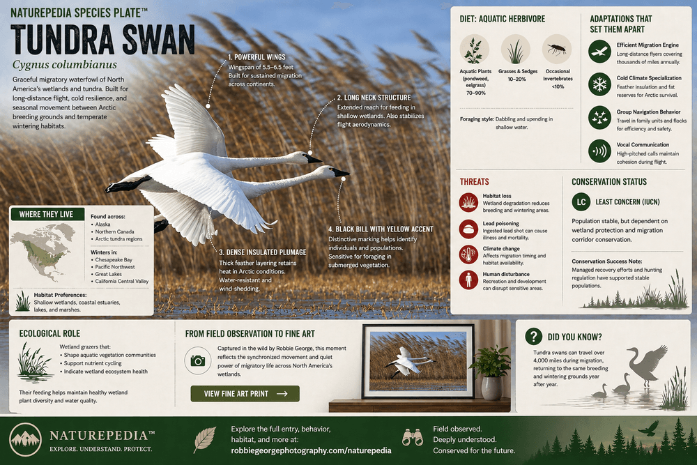 Tundra Swan in flight over wetland with annotated species plate showing migration adaptations, habitat, diet, and ecological role — Naturepedia Species Plate by Robbie George