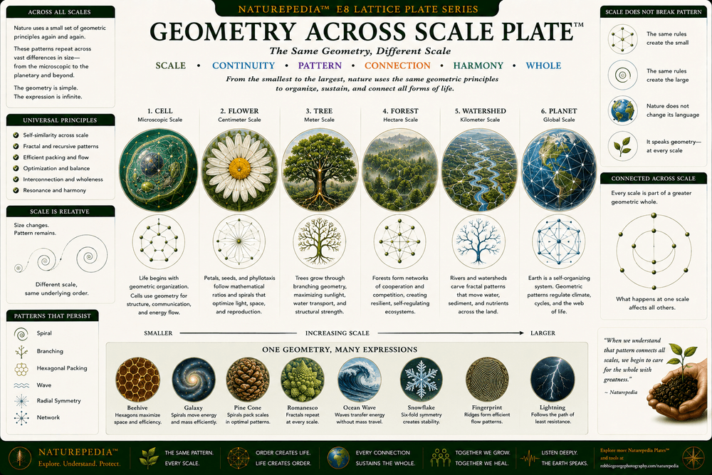 Geometry Across Scale Plate illustrating recurring geometry from cells and flowers to forests, watersheds, Earth, and galaxies.