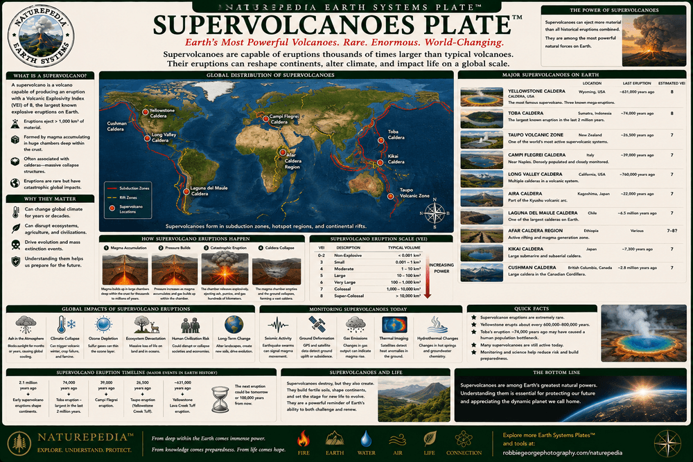 Supervolcanoes Plate showing Yellowstone, Toba, Taupo, giant caldera systems, magma chambers, ash deposits, and global volcanic impacts